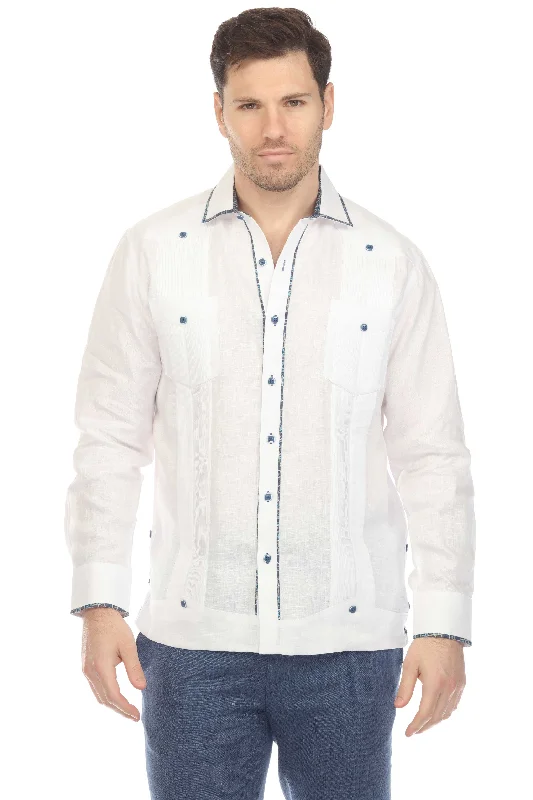 Mojito Men's 100% Linen Guayabera Chacabana Shirt Long Sleeve with Contrast Accent Trim Organic