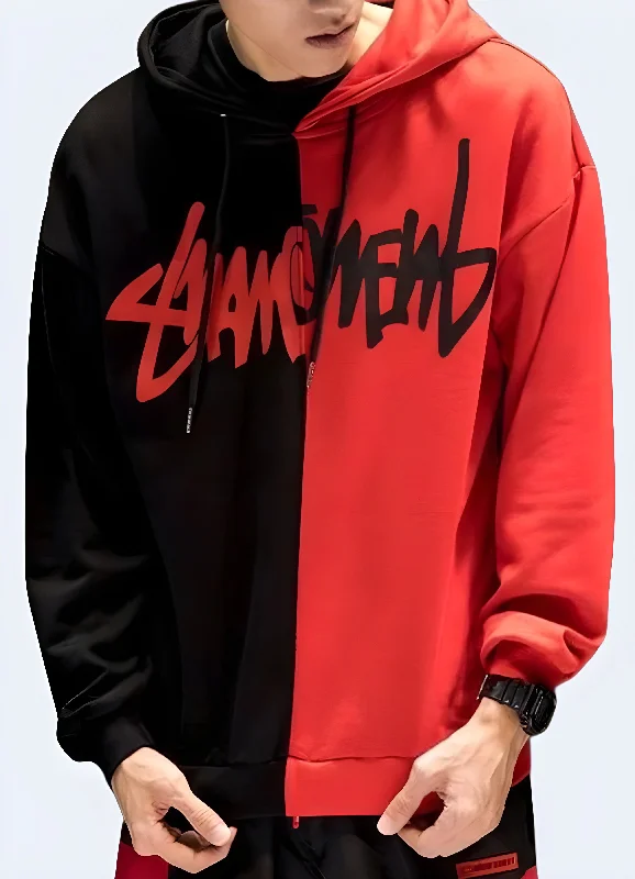 Red And Black Split Hoodie Cool Men's Skate