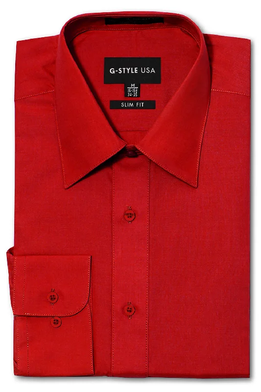 Men's Slim Fit Solid Color Dress Shirt (Red) Dapper Men's Bow