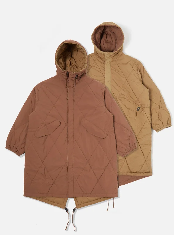 Universal Works Reversible Diamond Quilt Parka in Brown Recycled Nylon Masculine Men's Thick