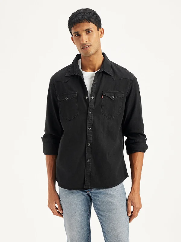 Men's Solid Regular Fit Denim Shirt Athletic Men's High