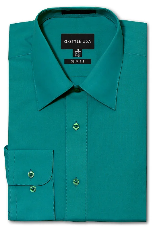 Men's Slim Fit Solid Color Dress Shirt (Teal) British Gentleman Style