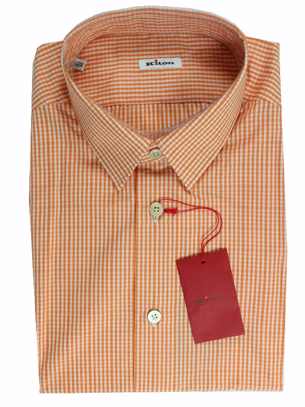 Kiton Short Sleeve Shirt White Orange Check Design 44 - 17 1/2 REDUCED - SALE Dapper Men's Bow