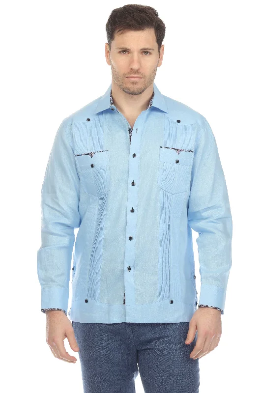 Men's 100% Linen Guayabera Chacabana Shirt Long Sleeve with Contrast Accent Trim Cool Men's Skate