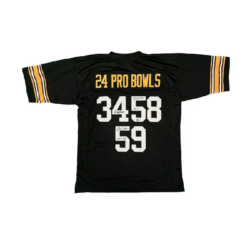 Jack Lambert, Jack Ham, Andy Russell Signed Custom "24 Pro Bowls" Black Football Jersey Monochromatic Office Style