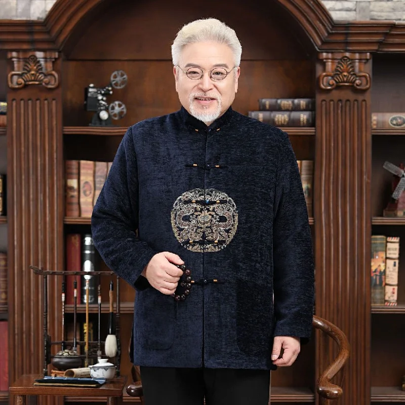 Mandarin Collar Dragon Embroidery Corduroy Traditional Chinese Jacket Father Coat Cool Men's Skate