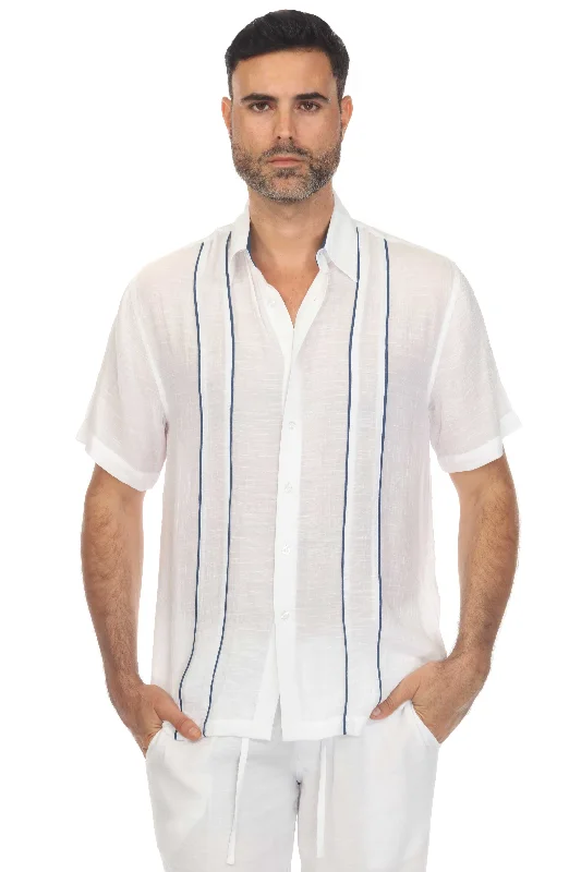 Men's Beach Button Down Shirt Pintuck Trim Contrast Short Sleeve Adventure