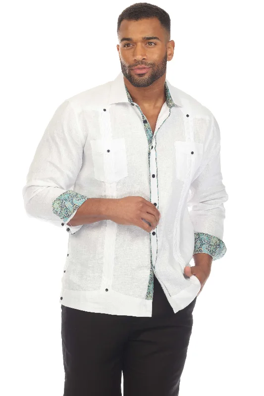 Mojito Men's 100% Linen Guayabera Chacabana Shirt Long Sleeve with Contrast Trim Accent Dapper Men's Bow