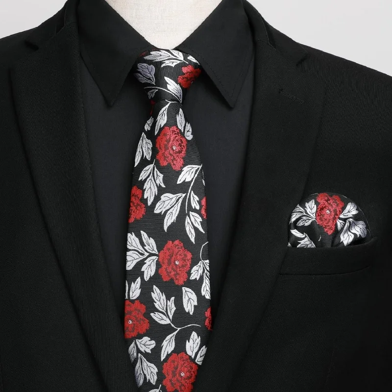 Men's Shirt with Tie Handkerchief Set - BLACK/FLORAL Confident Men's High