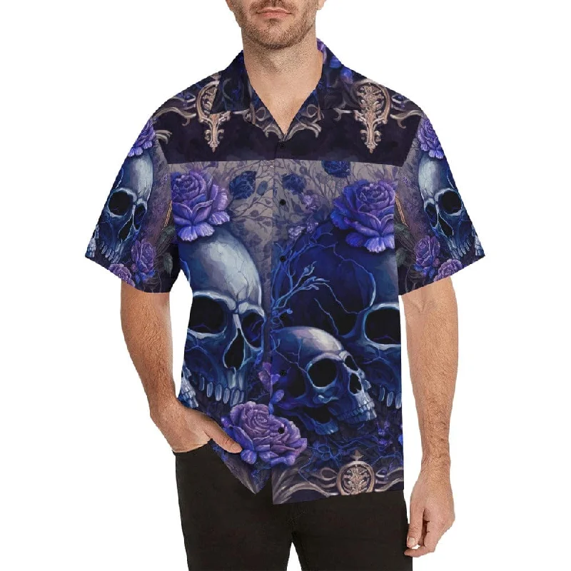 Skulls Blue Floral Men's Hawaii Short Sleeve Shirt Business