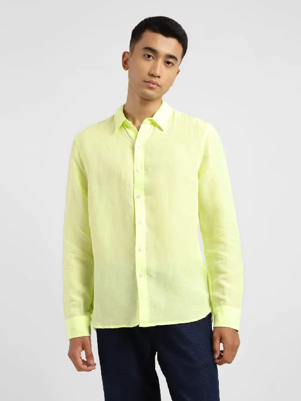 Men's Solid Spread Collar Linen Shirt Yellow Hip Men's Retro