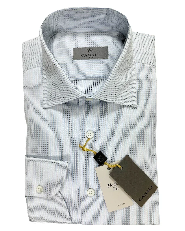 Canali Dress Shirt White Blue Navy Striped Micro Pattern - Modern Fit 39 - 15 1/2 Earthy Men's Hemp