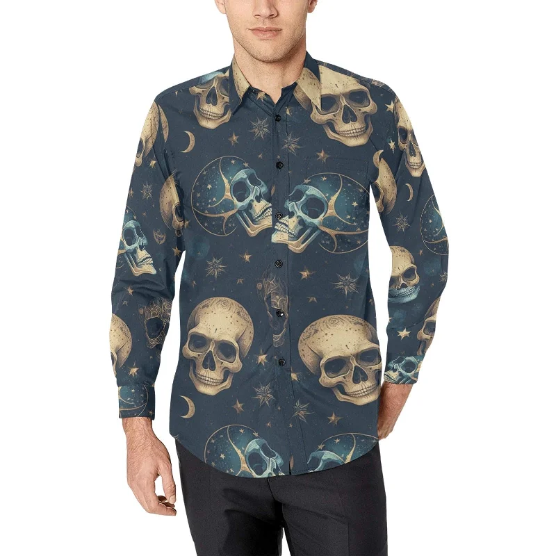 Men's Skulls On Black Long Sleeve Dress Shirt Minimalist Men's Casual 