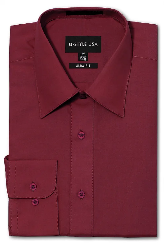 Men's Slim Fit Solid Color Dress Shirt (Burgundy) Unique Men's Patch