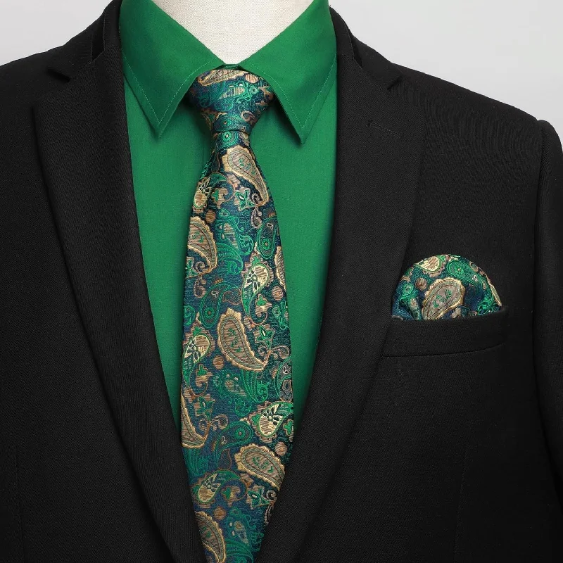 Men's Shirt with Tie Handkerchief Set - GREEN2/PAISLEY Bold Men's Statement