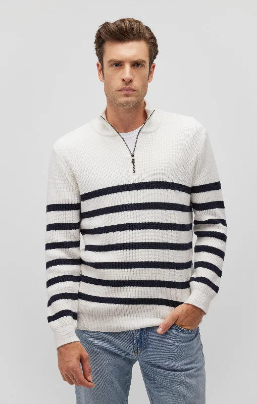 STRIPED QUARTER ZIP SWEATER IN ANTIQUE WHITE Laid