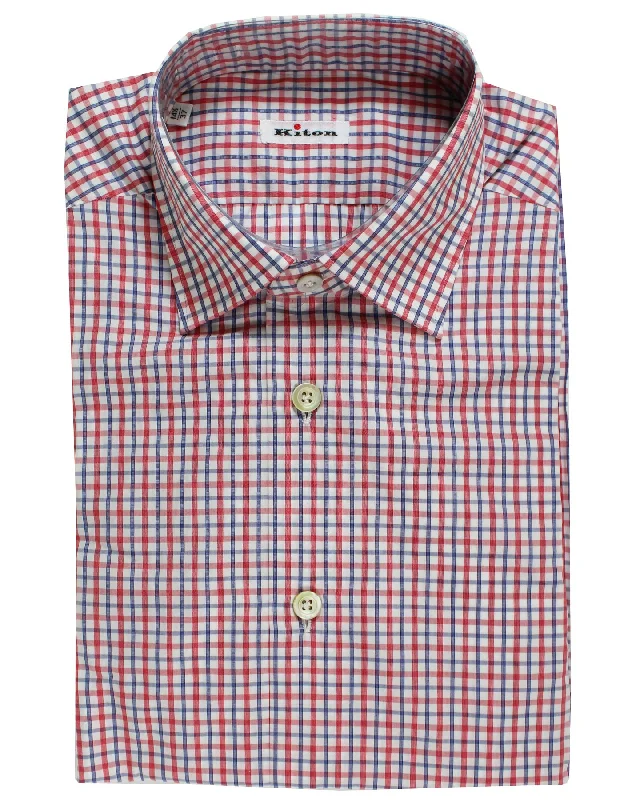 Kiton Short Sleeve Shirt White Red Royal Blue Check 37 - 14 1/2 SALE Dynamic Men's High