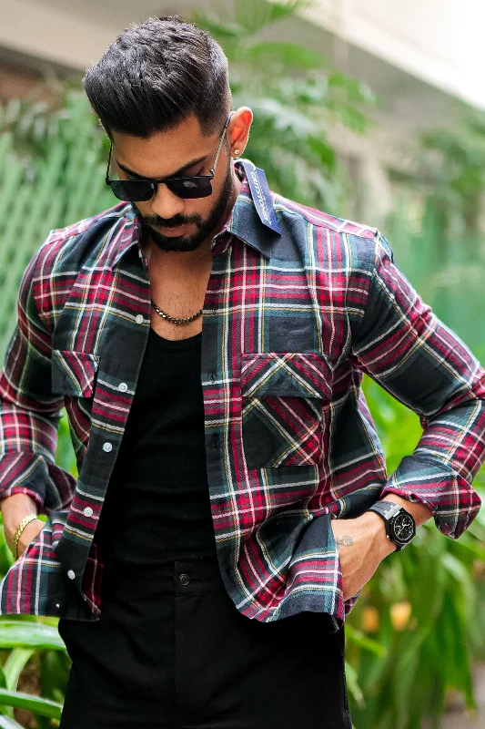 Black Check Double Pocket Flannel Shirt Trendy Men's Oversized