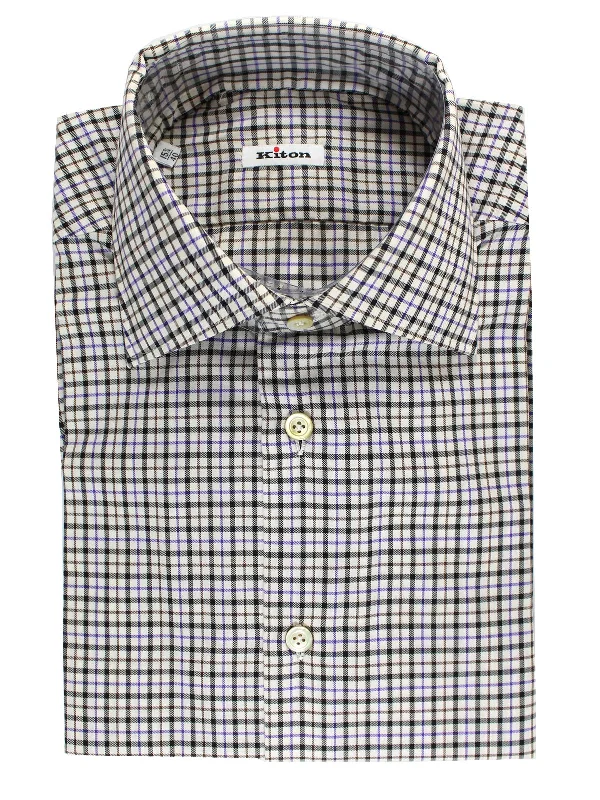 Kiton Dress Shirt White Black Purple Check 40 - 15 3/4 SALE Dynamic Men's Glow