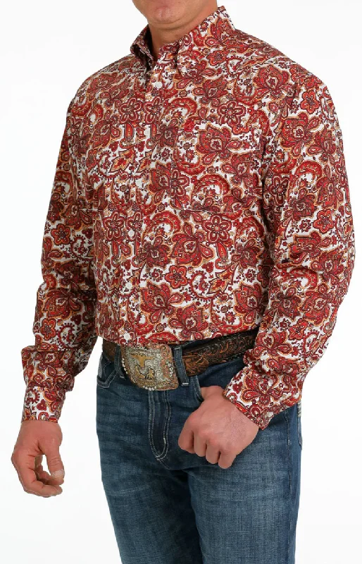 Cinch Men’s White & Red Paisley Print Shirt Sleek Men's Metallic