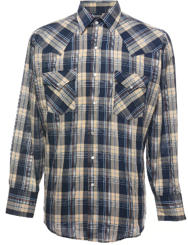 Navy & Beige Checked Shirt - M Sleek Men's Metallic