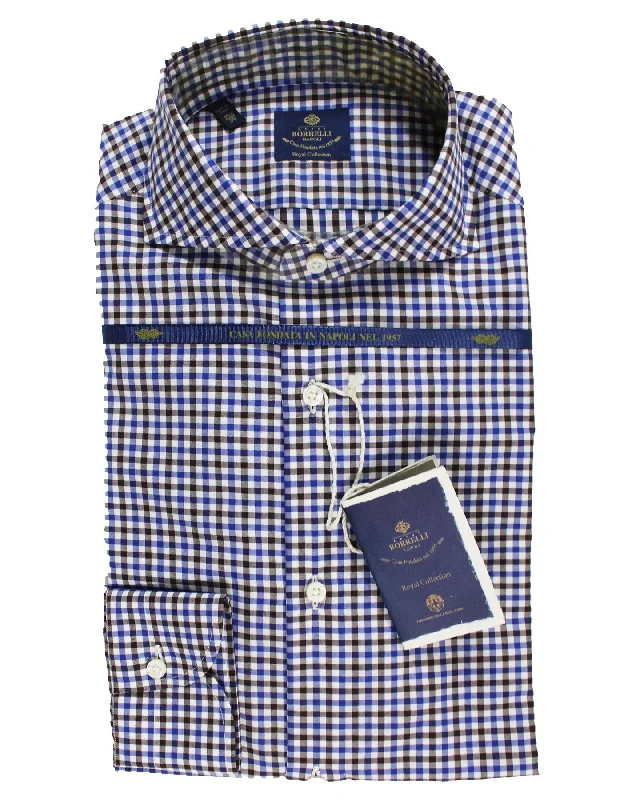 Luigi Borrelli Dress Shirt ROYAL COLLECTION White Royal Blue Brown Check 39 - 15 1/2 Sharp Men's Italian