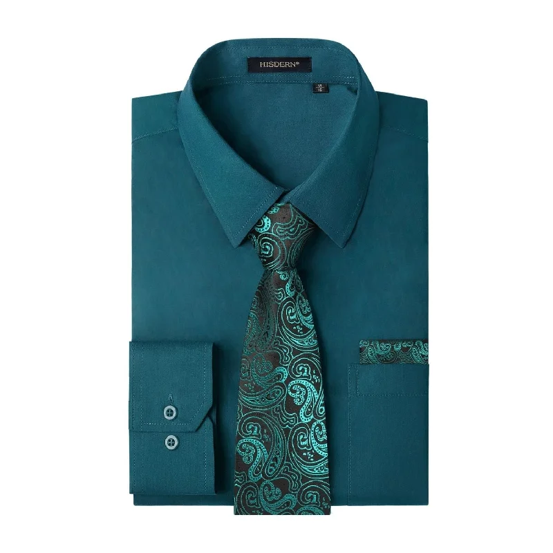 Men's Shirt with Tie Handkerchief Set - TEAL/PAISLEY Polished Men's Satin