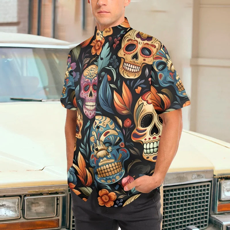 Men's Sugar Skulls Short Sleeve Stand-Up Collar Shirt Sophisticated Men's 