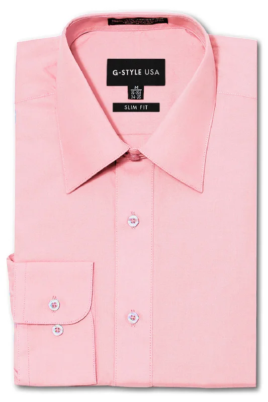 Men's Slim Fit Solid Color Dress Shirt (Pink) Gym