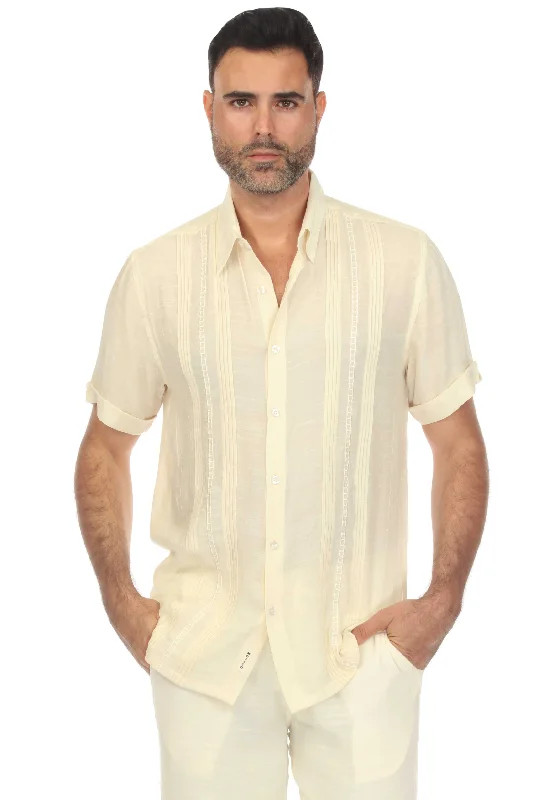 Men's Beach Button Down Embroidered Shirt with Pleating Design Short Sleeve Sharp Men's Italian