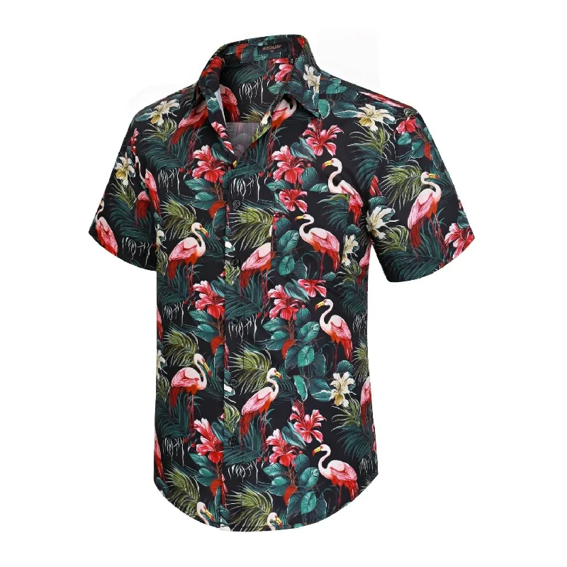 Funky Hawaiian Shirts with Pocket - 19-BLACK/FLAMINGO Tailored