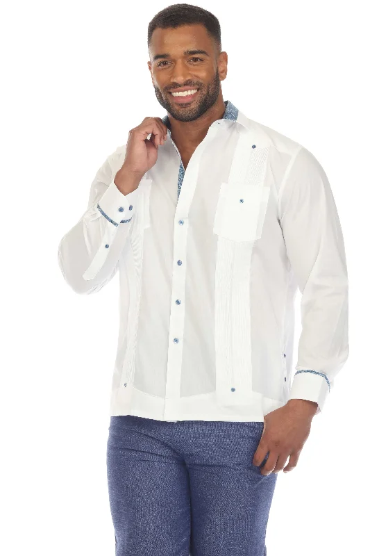 Men's Guayabera Chacabana Shirt Cotton Blend Long Sleeve with Contrast Accent Trim Monochromatic All