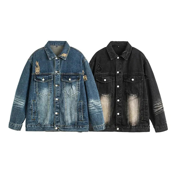 Washed Ripped Denim Jacket Cool Men's Distressed