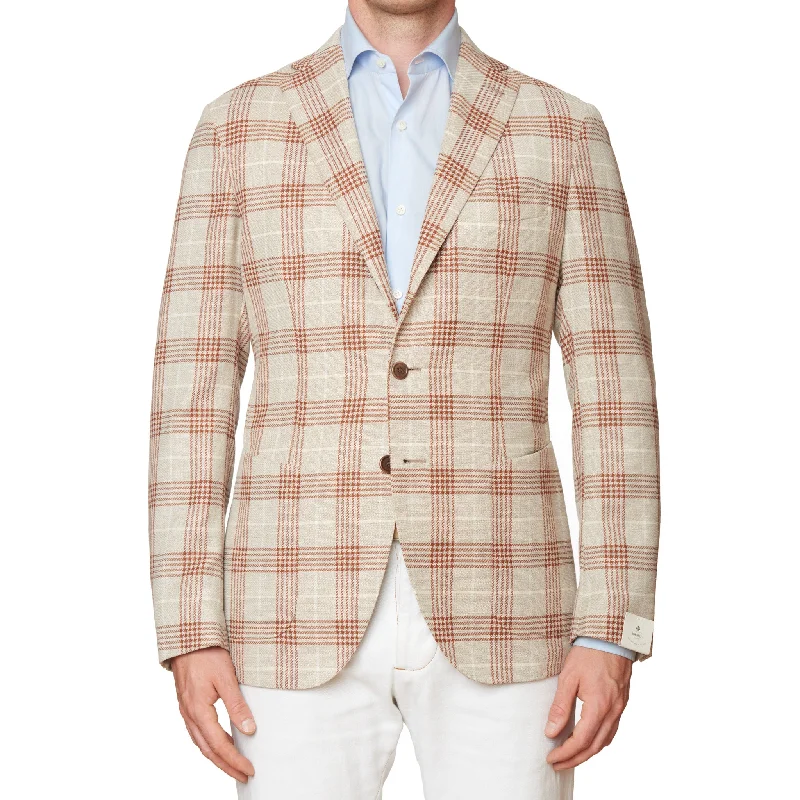 LUIGI BORRELLI Napoli "G-PROCIDA-I" Beige Plaid Wool-Silk Jacket EU 52 NEW US 42 Monochromatic All