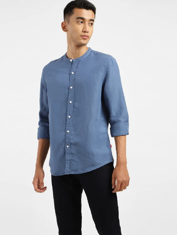 Men's Solid Band Neck Linen Shirt Sporty Men's Tennis