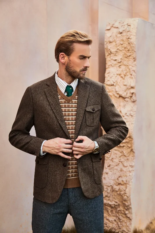 Men Herring Bone Textured Blazer Coat Notch Lapel Two Buttons Coat Cclassic Men's Tweed