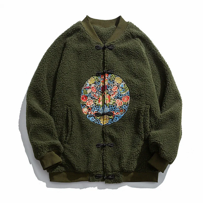 Floral Circle Embroidery Thick Camo Fleece Unisex Chinese Style Jacket Trendy Men's Bucket