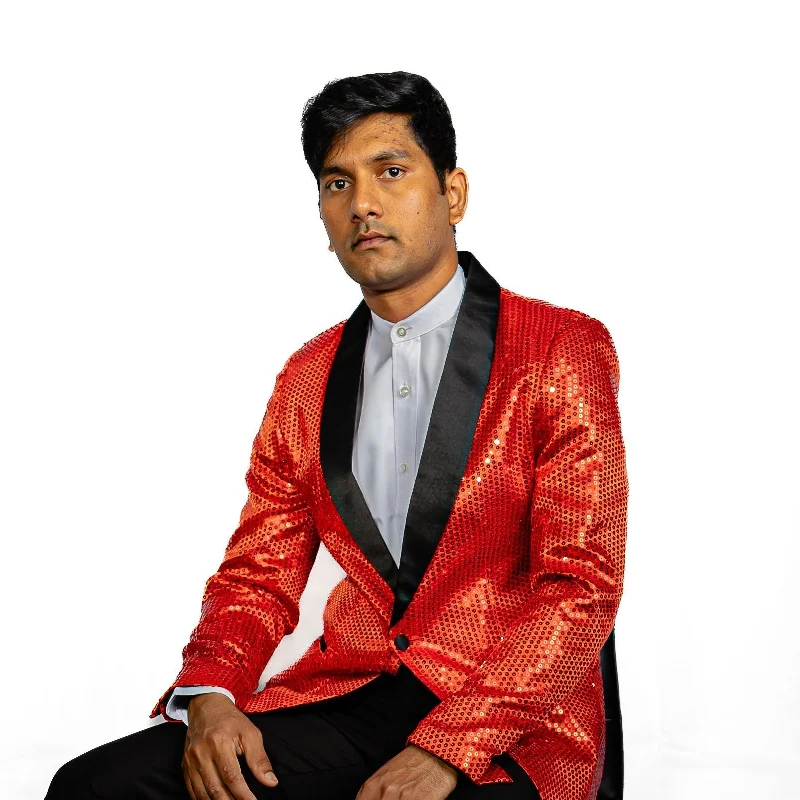 Sequin Red Solid Jacket with Black Shawl Collar  - XX-1083 Vintage Men's 1970S Disco