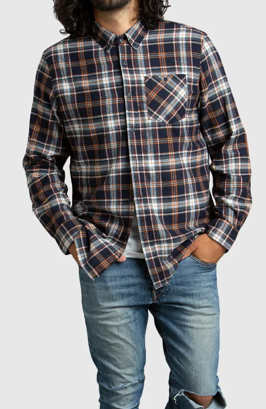 Orange and Navy Plaid Flannel Shirt Athletic Men's Compression