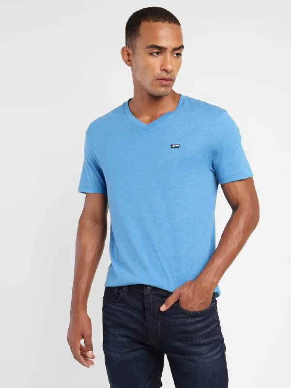 Men's Solid V Neck T-shirt Blue Practical Men's Quick