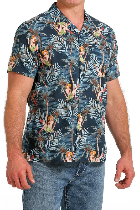 Cinch Men's Navy Tropical Pin-Up Aloha Camp Shirt Cozy Men's Sherpa