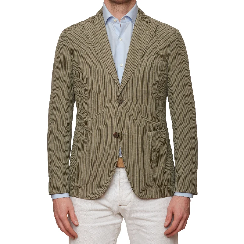 BOGLIOLI "K. Jacket" Khaki Striped Cotton-Linen-Mohair Peak lapel Jacket 48 NEW US 38 Classic Men's Pin