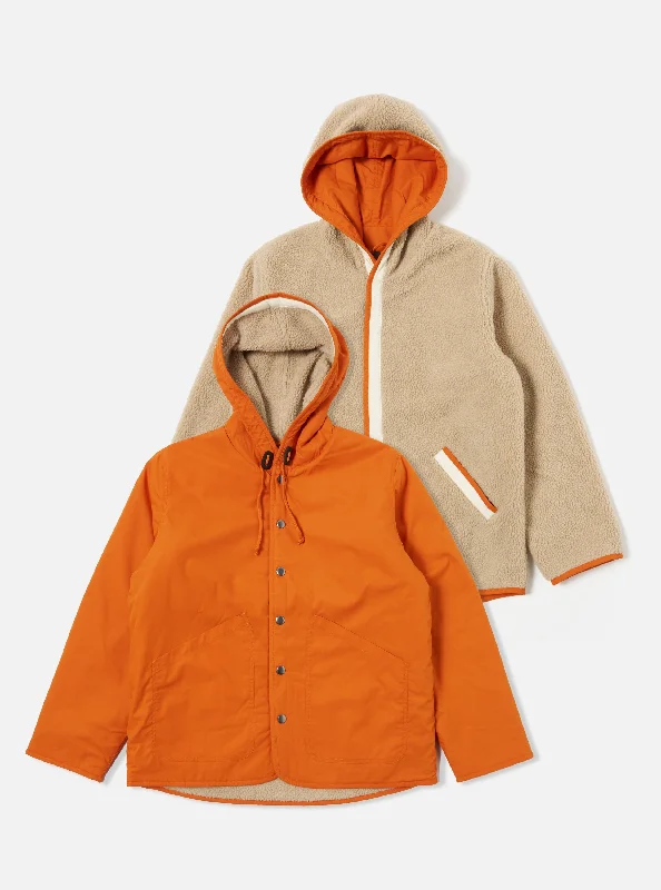 Universal Works Reversible Simple Hooded Jacket in Orange/Sand Recycled Polytech/Sherpa Classic Men's Pin