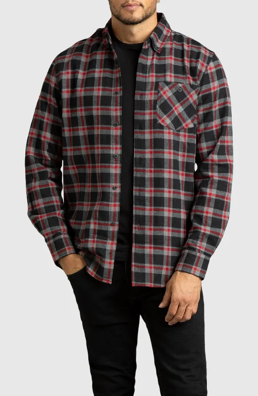 Red and Black Plaid Flannel Shirt Polished Men's Satin