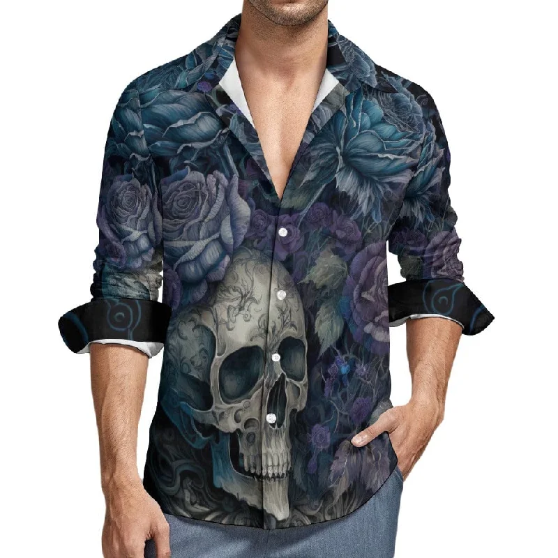 Blue Floral Skull Casual One Pocket Long Sleeve Shirt Gym