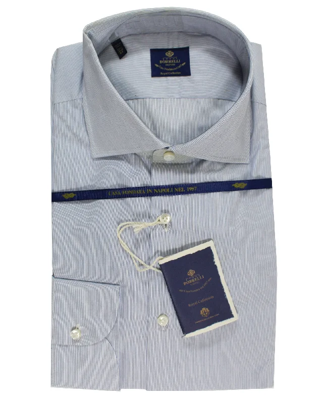 Luigi Borrelli Dress Shirt White Blue Stripes - Royal Collection 38 - 15 SALE Business