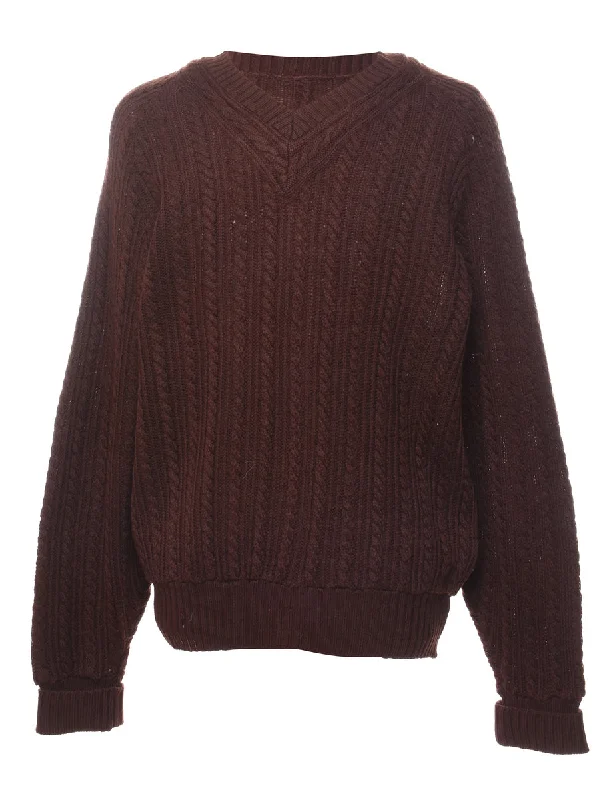 Dark Brown Cable Knit Jumper - L Laid