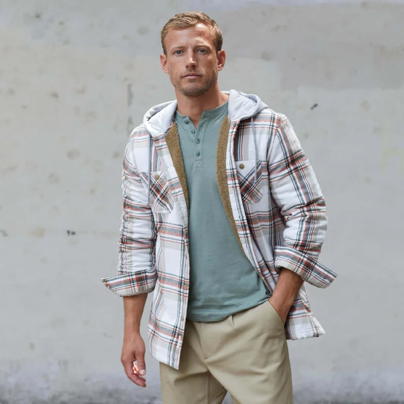 Sherpa Lined Hooded Flannel Shirt Jacket In Marshmallow Polished Men's Satin