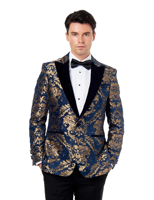 GLEN - GOLD BROCADE ON FLOCKED NAVY VELVET LAPEL JACQUARD BLAZER Refined Men's Classic 