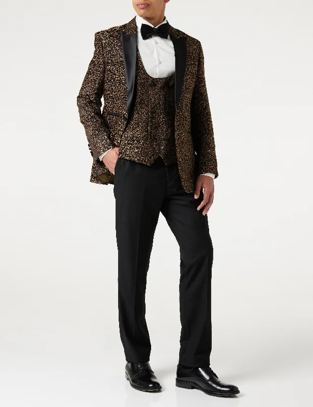 BRIAN - Floral Jacquard Print Gold Tuxedo Jacket With Waistcoat Casual Men's Loose